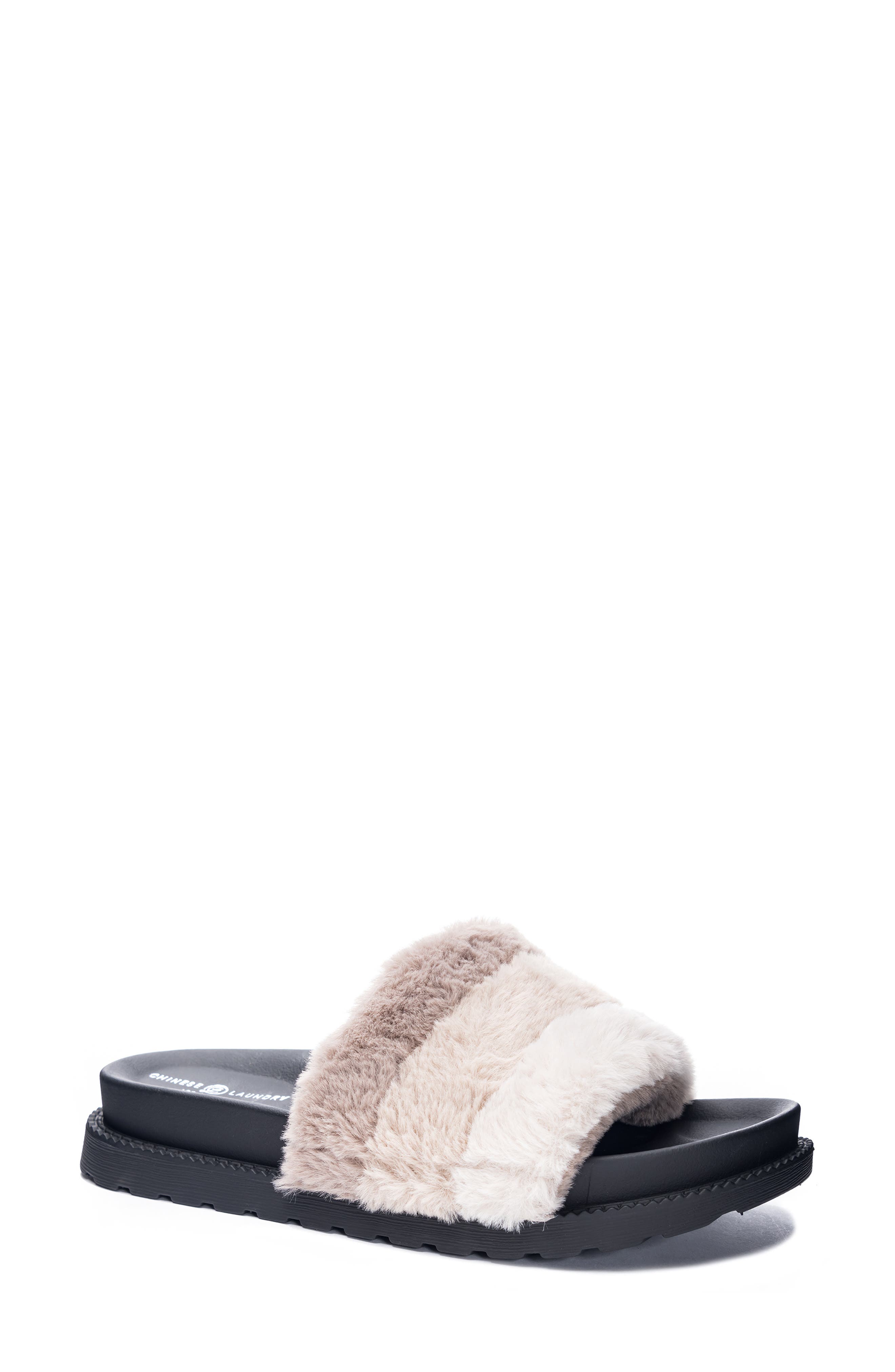 Treat Faux Fur Slide Slipper, Main, color, TAUPE FAUX FUR