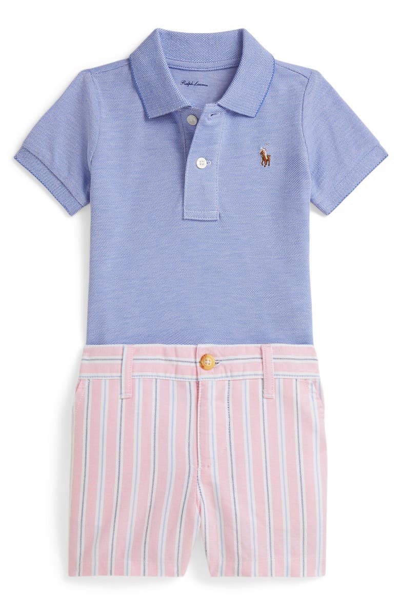 Ralph Lauren Oxford Mesh Button-Up Shirt & Shorts Set, Main, color, Harbor Island Blue