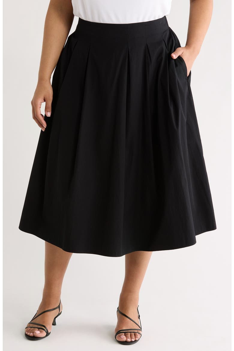 Pleated Cotton Poplin Midi Skirt, Main, color, BLACK