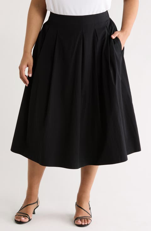 Pleated Cotton Poplin Midi Skirt (Plus)