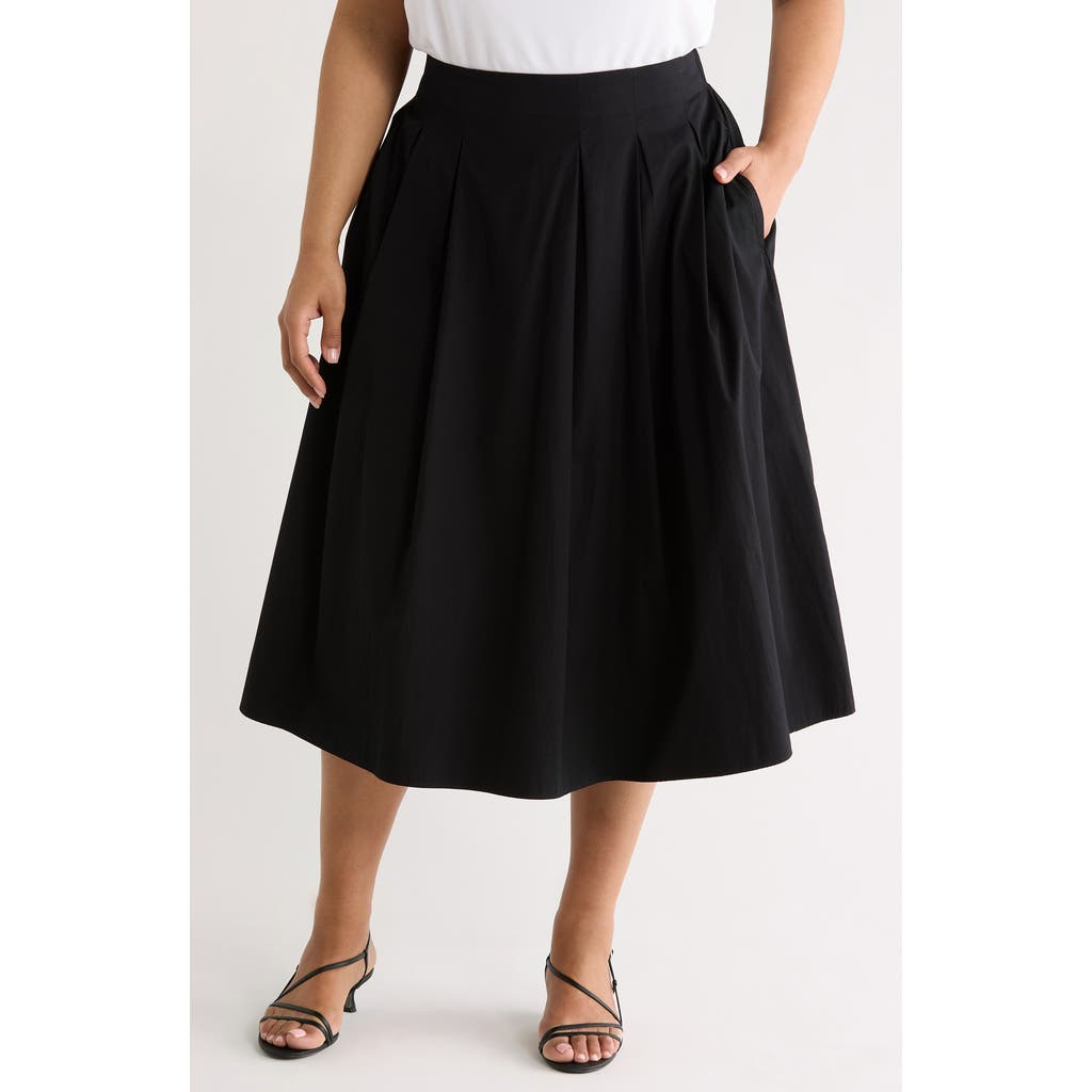 Nordstrom Pleated Cotton Poplin Midi Skirt in Black at Nordstrom, Size 2X