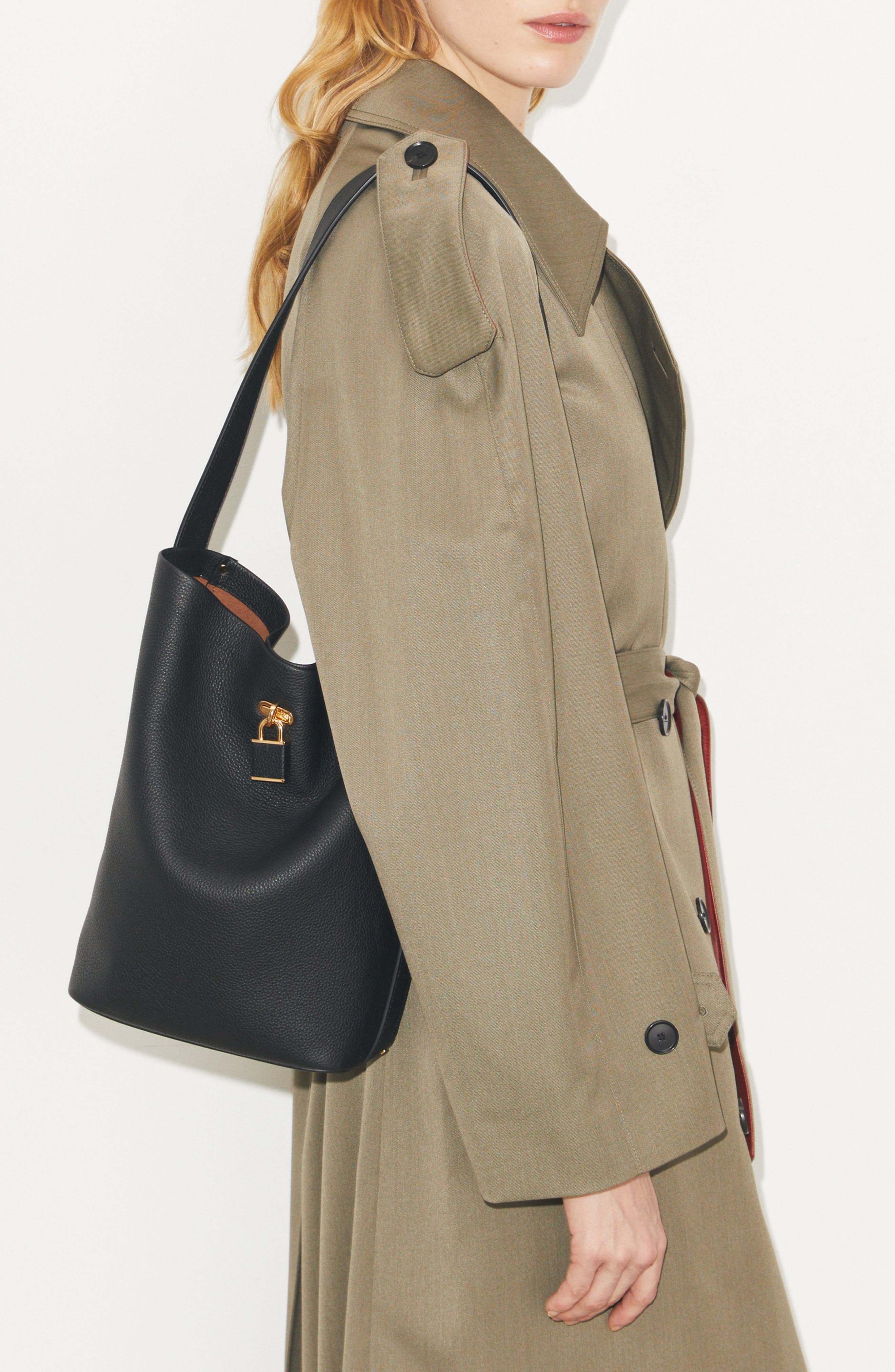 Tory Burch Slim Lock Leather Bucket Bag, Alternate, color, Black