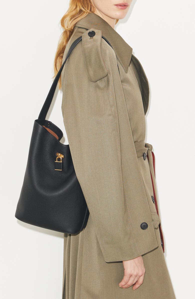 Tory Burch Slim Lock Leather Bucket Bag, Alternate, color, Black