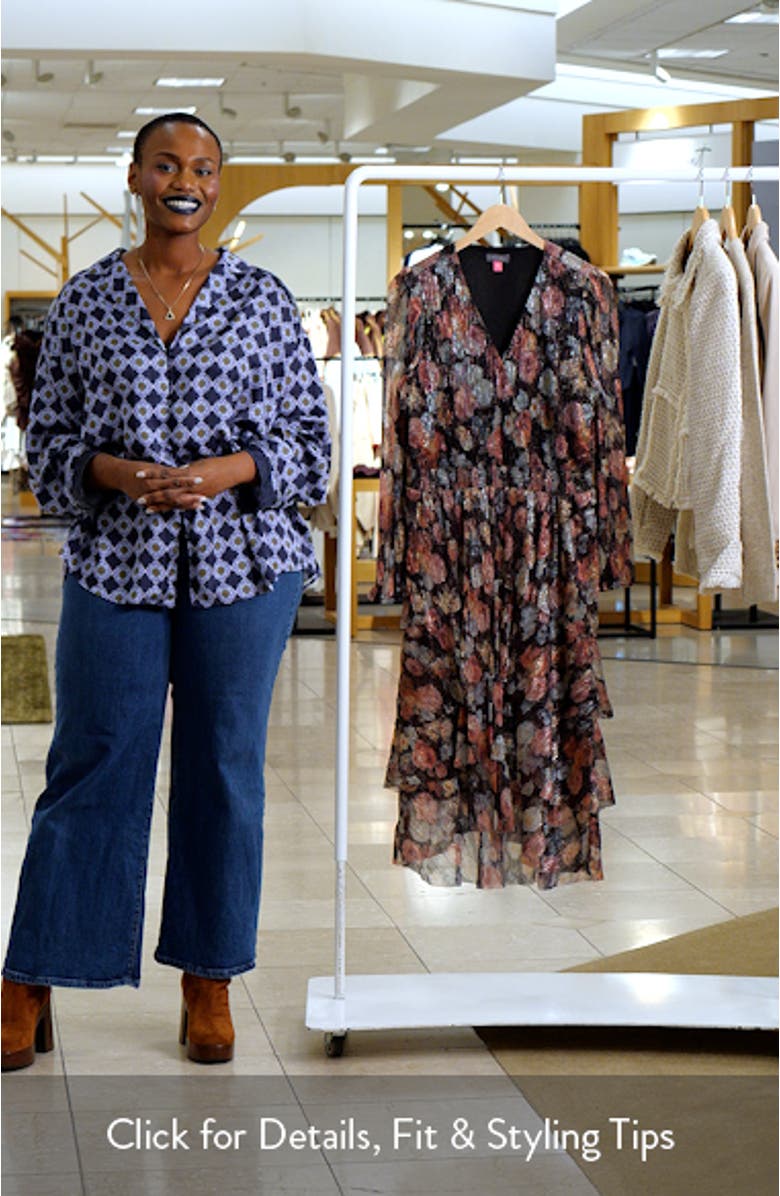 Metallic Floral Long Sleeve Plissé Midi Dress, sales video thumbnail