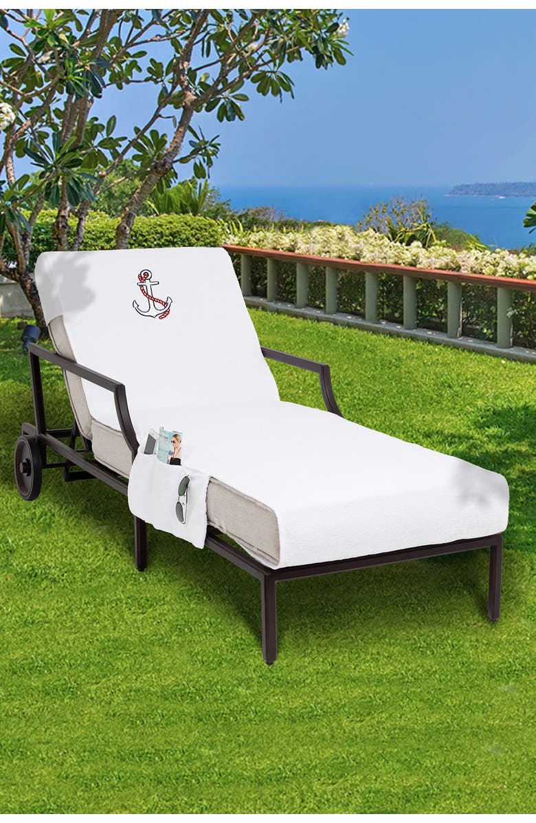 Linum Home Textiles 100% Turkish Cotton Anchor Embroidered Standard Size Chaise Lounge Cover With Side Pockets - White, Alternate, color, 