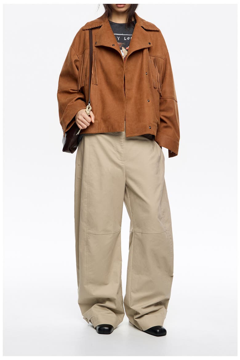 Leather Double-Breasted Fringed Leather Jacket, Alternate, color, TOBACCO