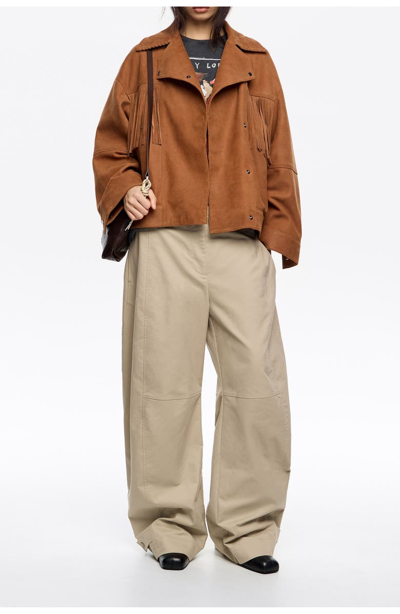 Bimba y Lola Leather Double-Breasted Fringed Leather Jacket, Alternate, color, Tobacco