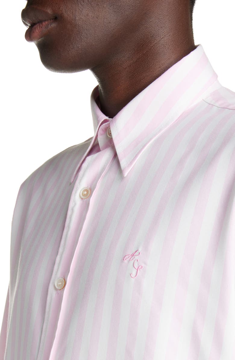 Acne Studios Embroidered Logo Stripe Button-Up Shirt, Alternate, color, Pink/ White