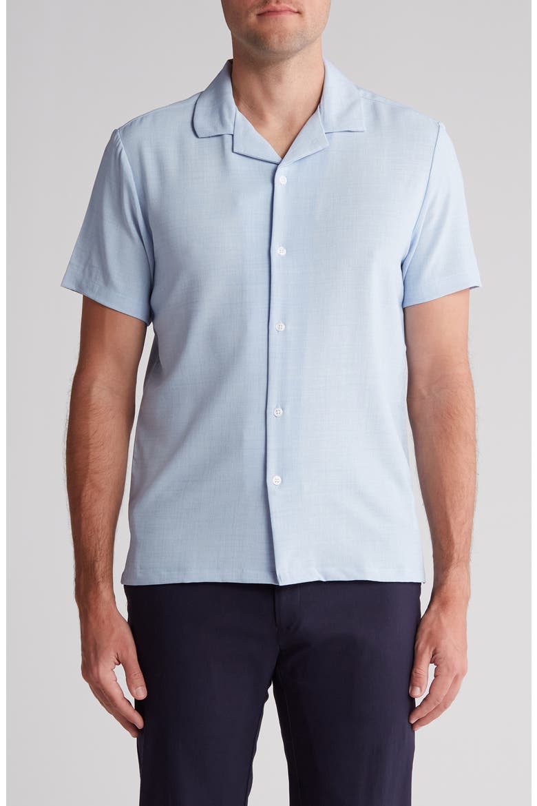 Mélange Short Sleeve Button-Up Camp Shirt, Main, color, LIGHT BLUE