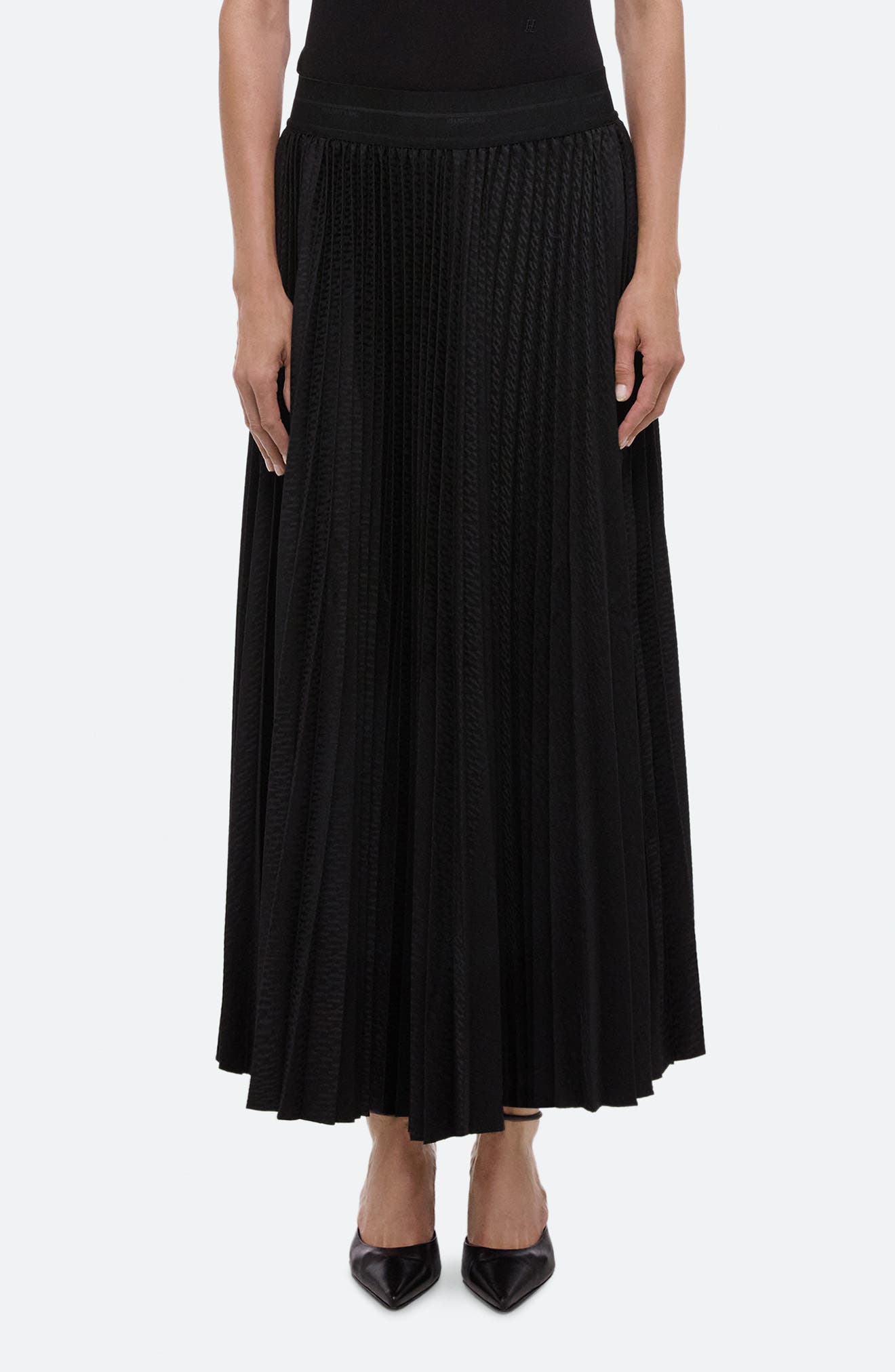 Helmut Lang Pleated Stretch Logo Jacquard Satin Maxi Skirt