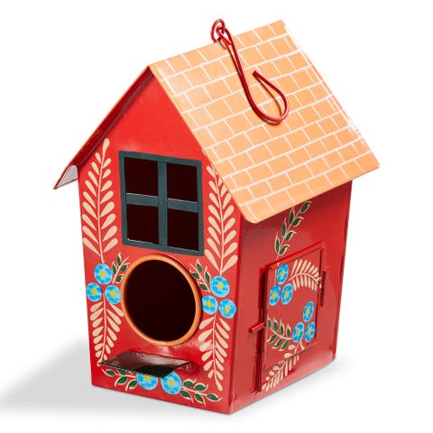 Hand Painted Feathers Bird House Multi Iron Spring