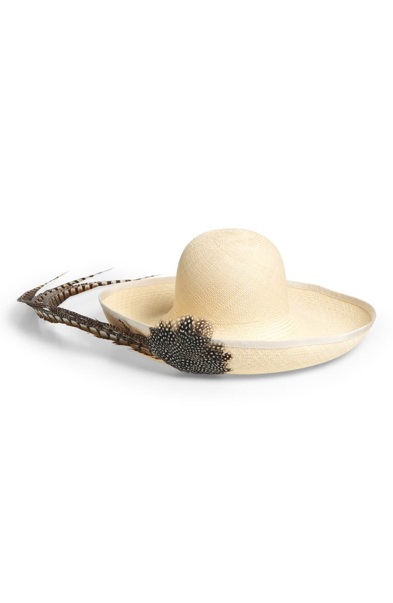 Valentino Garavani Quiltie 67 Feather Embellished Straw Hat, Main, color, By2 Naturale/ Marrone Argento