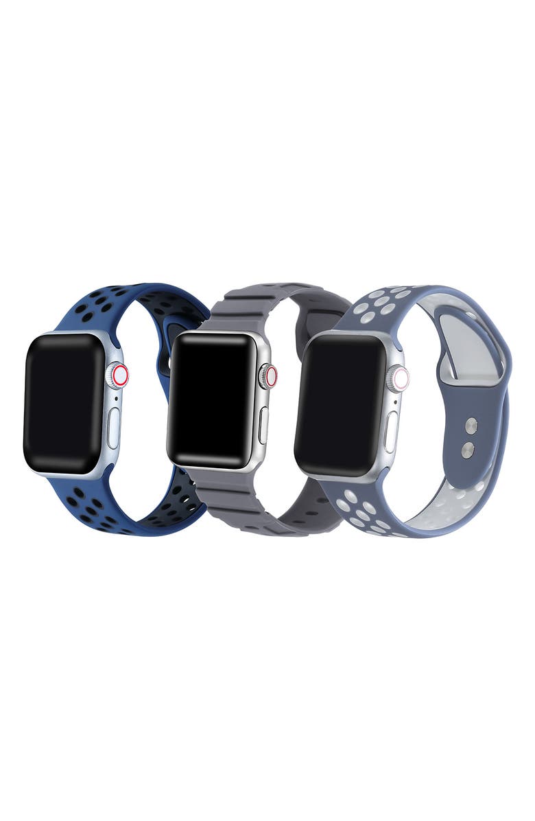 The Posh Tech Assorted 3-Pack Silicone Apple Watch<sup>®</sup> Watchbands, Main, color, Blue/ Grey Multi