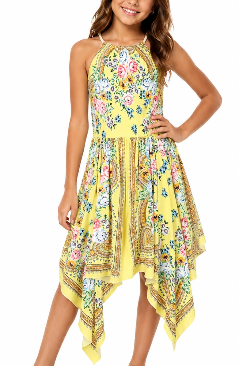 Zunie Kids' Floral Print Handkerchief Dress, Alternate, color, Yellow