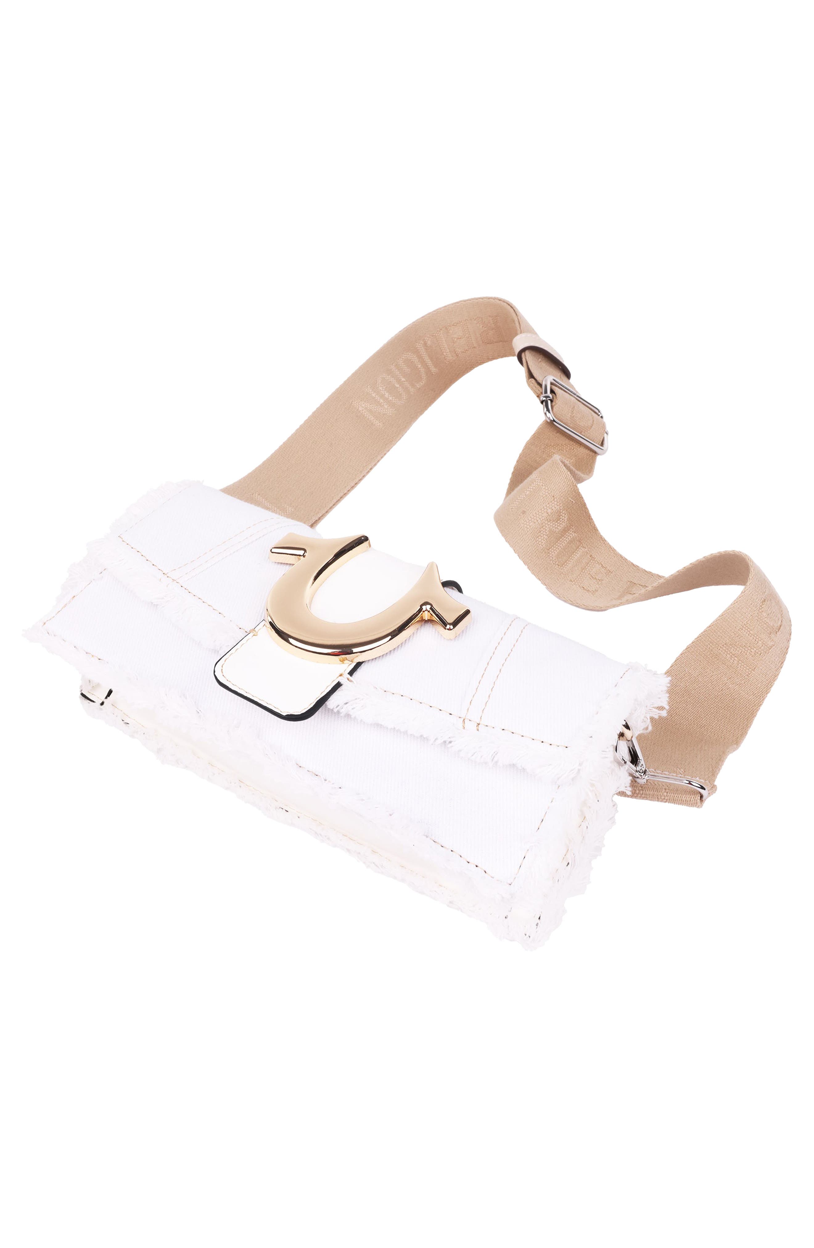 Frayed Denim Flap Bag with Logo Strap, Alternate, color, WHITE