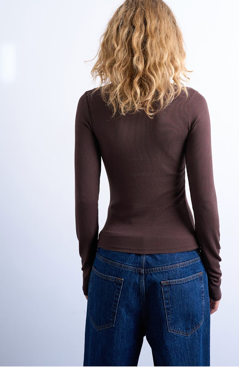 Topshop Mock Neck Long Sleeve Rib Top, Alternate, color, Brown