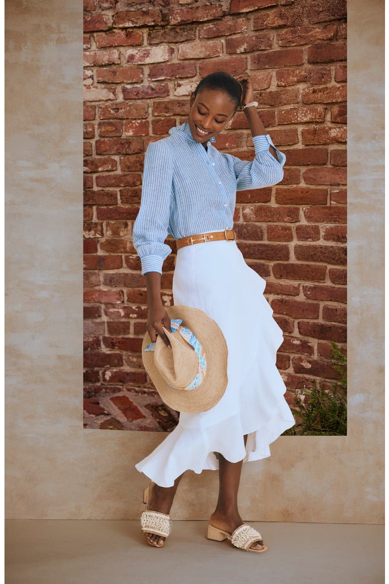 Zia Ruffle Trim Linen Wrap Skirt, Alternate, color, WHITE