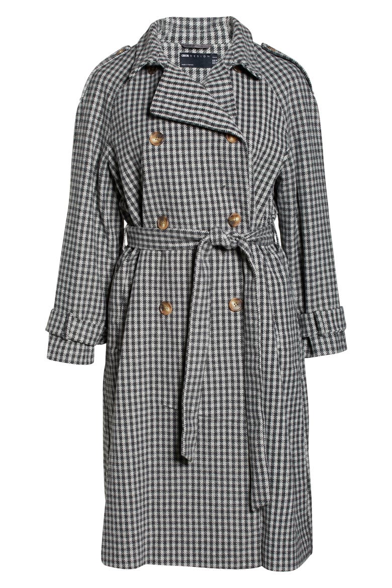 Curve Houndstooth Belted Trench Coat, Alternate, color, BLACK