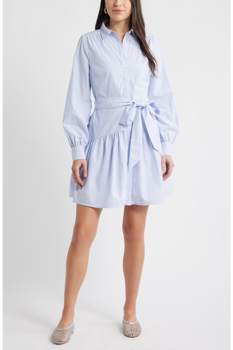 Stripe Long Sleeve Tiered Mini Shirtdress, Main, color, BLUE- WHITE SILVER STRIPE