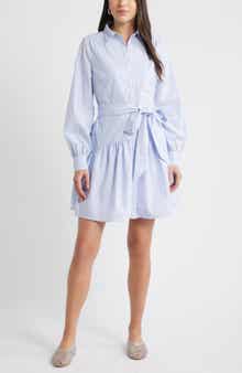 Caslon® Stripe Long Sleeve Tiered Mini Shirtdress