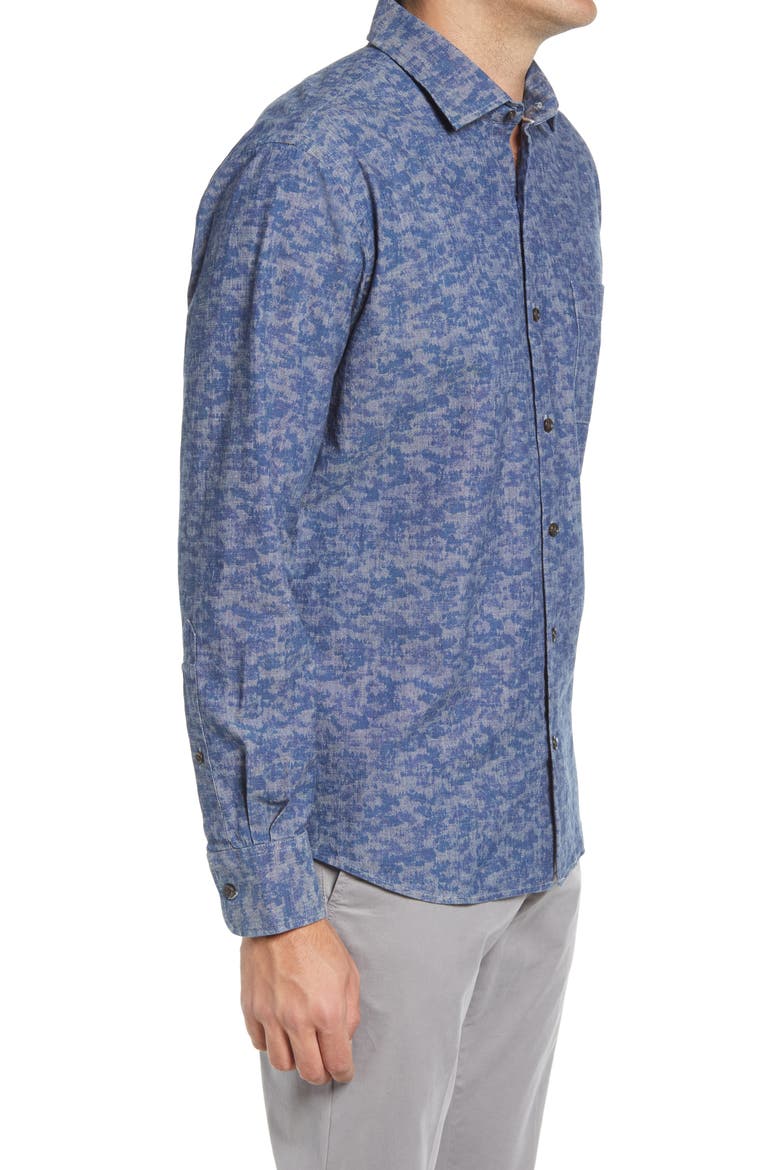 Fir Camo Cotton Chambray Long Sleeve Button-Up Shirt, Alternate, color, INDIGO