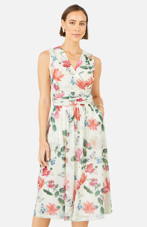 Floral Print Mesh Stretch Midi Dress