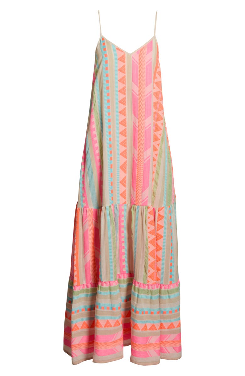 Elan Embroidered Tiered Cotton Blend Cover-Up Maxi Dress, Alternate, color, Neon Aztec