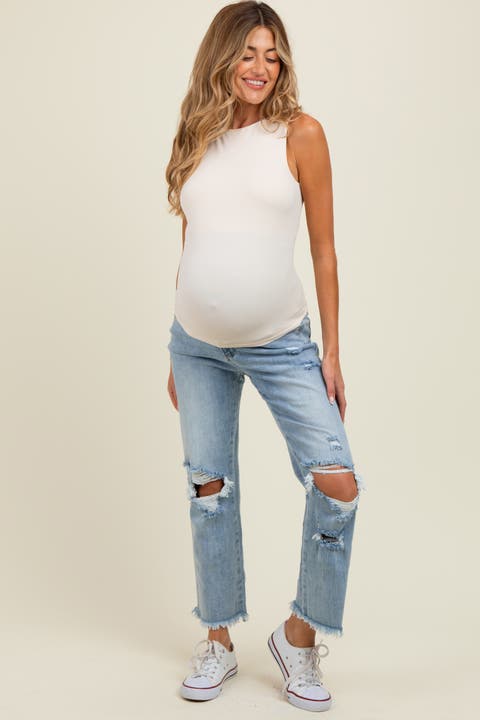 Ripped Knee Fringe Hem Straight Leg Maternity Ankle Jeans