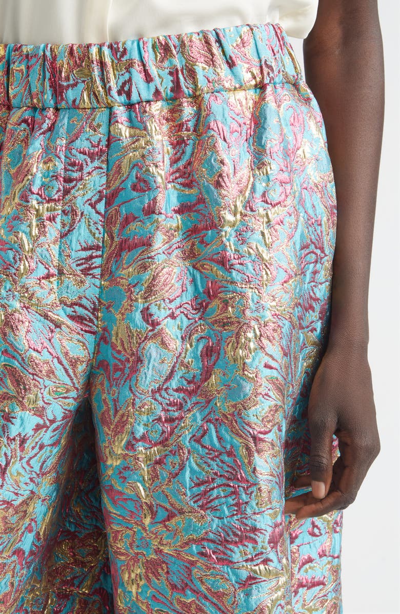 Dries Van Noten Metallic Floral Jacquard Wide Leg Shorts, Alternate, color, Turquoise