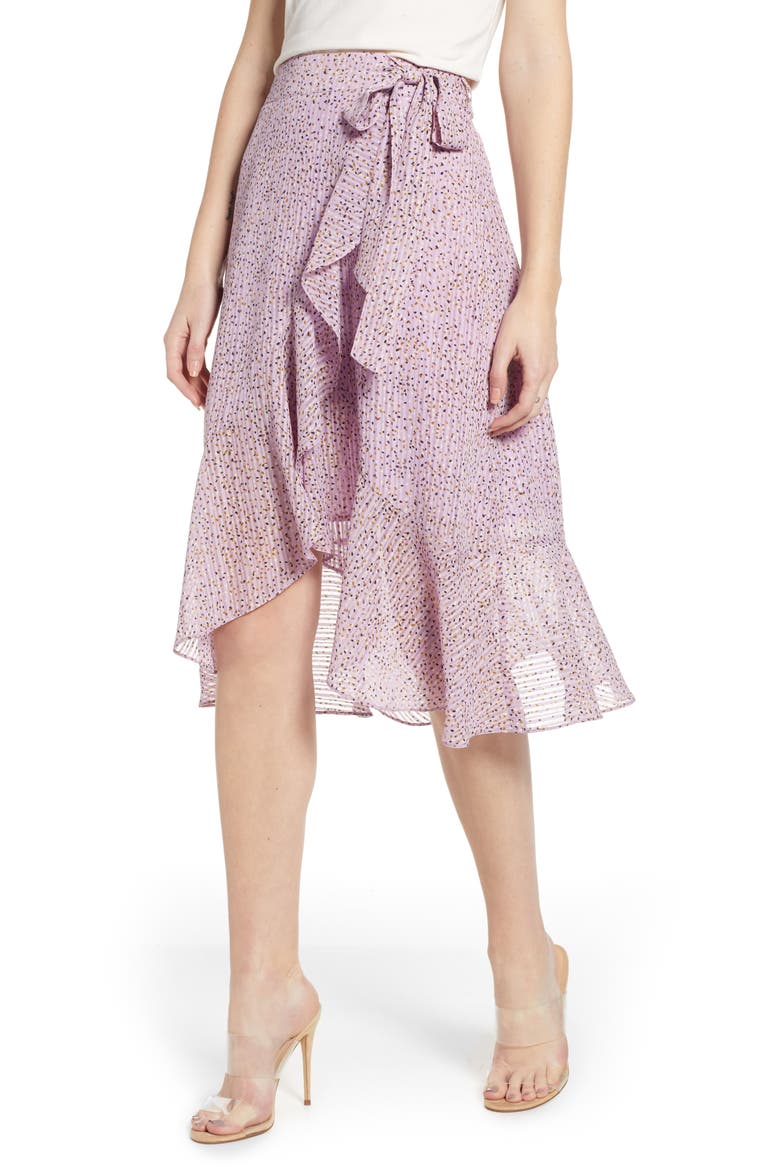 Printed Flounce Hem Wrap Skirt, Main, color, LAVENDER DOT
