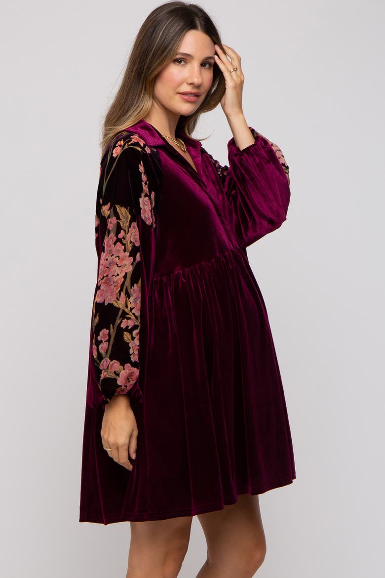 Velvet Floral Long Sleeve Dress, Alternate, color, Plum