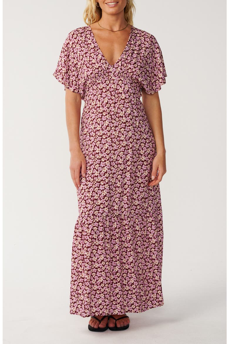 Party Wave Floral Print Maxi Dress, Main, color, DARK PLUM