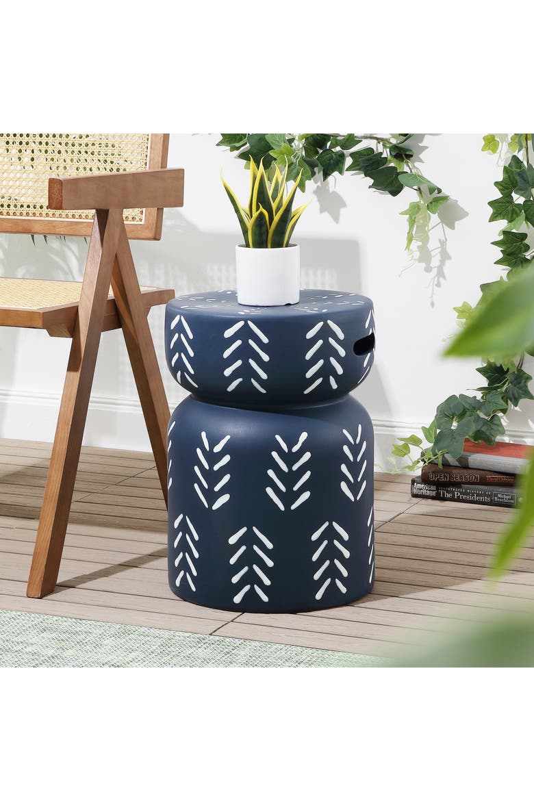 Kiri Bohemian Chevron Hourglass Ceramic Indoor/Outdoor Garden Stool with Handles, Weather-Resistant Accent Side Table, Alternate, color, Navy/White
