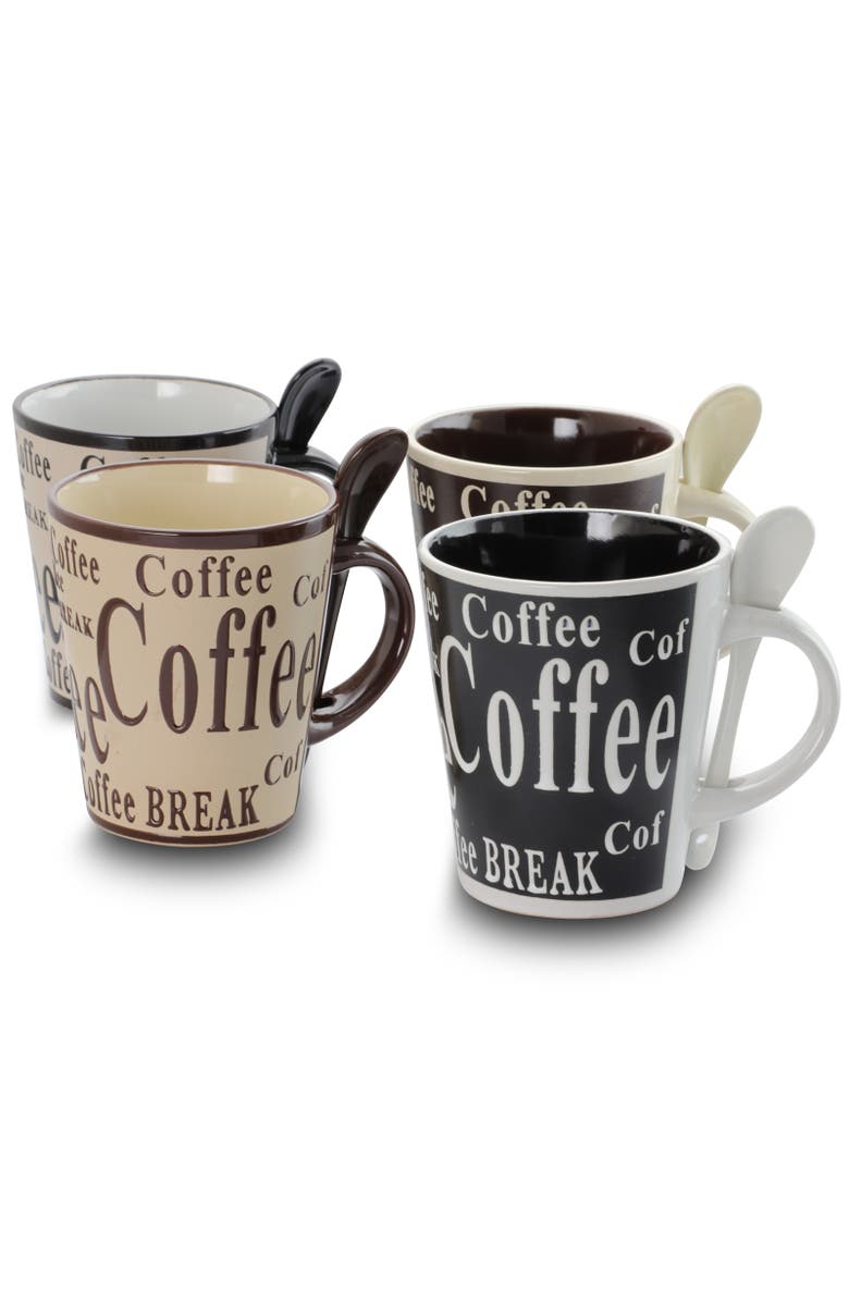 Gibson Bareggio 8 Piece 13 Ounce Coffee Mug with Spoon Set, Service for 4, Main, color, Assorted