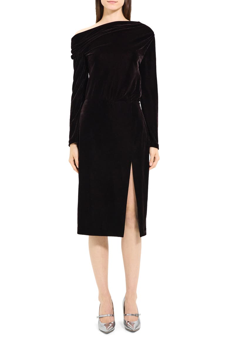 Off the Shoulder Long Sleeve Stretch Velvet Dress, Main, color, MINK