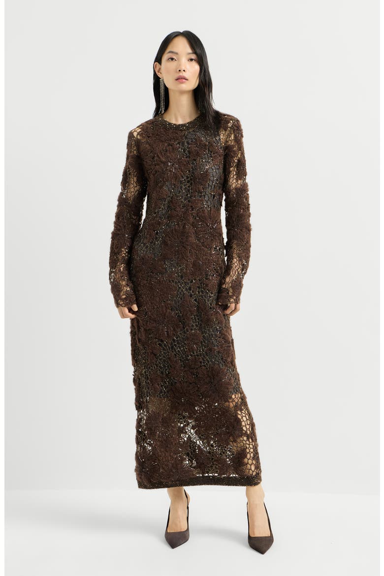 Whispering bloom embroidery knit dress in sparkling mohair and wool, Main, color, Brown