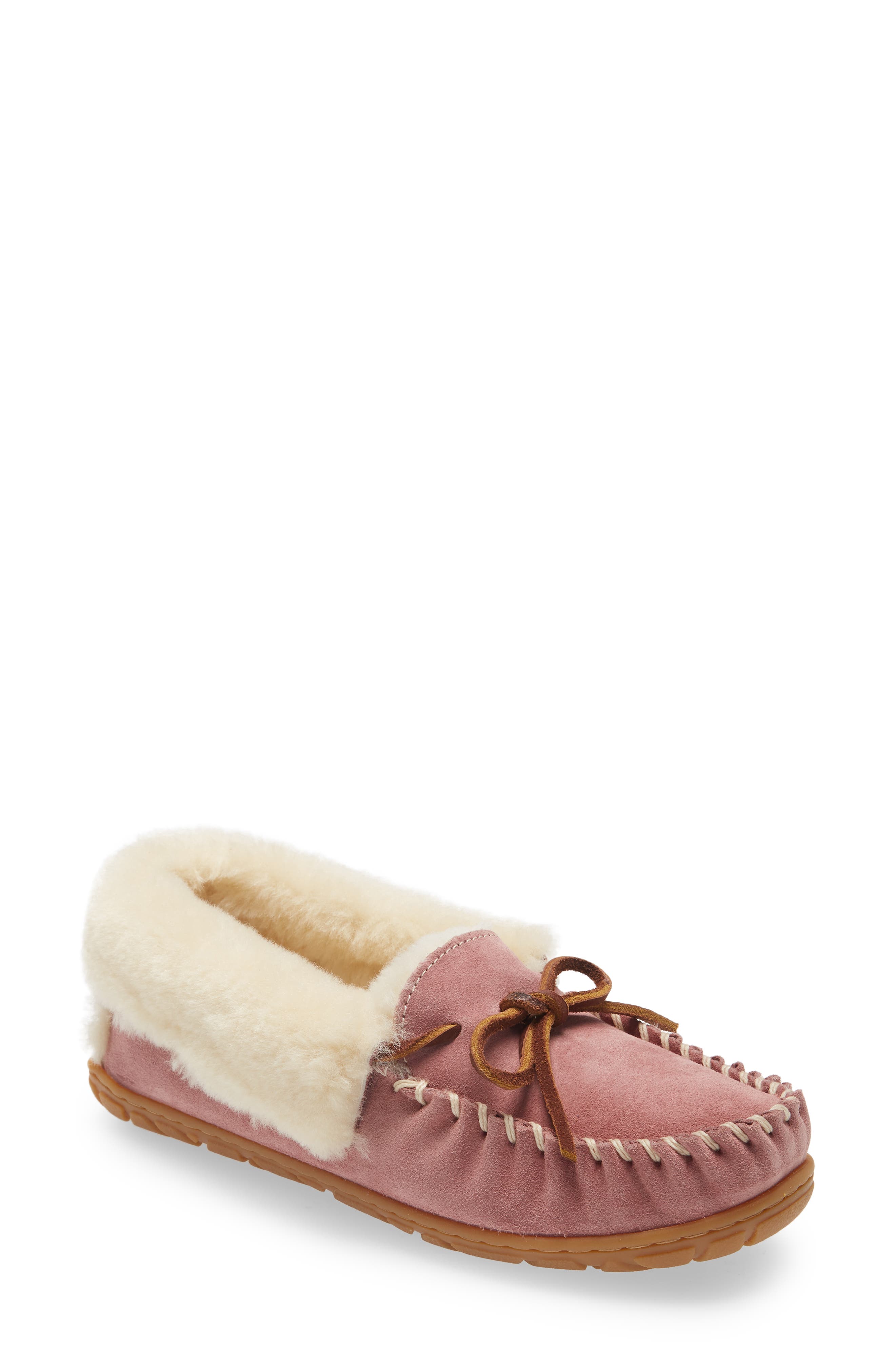 Wicked Good Genuine Shearling Moccasin Slipper, Main, color, ASH ROSE