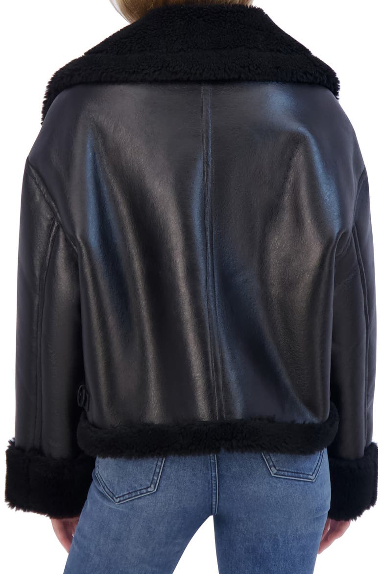 Faux Shearling Trimmed Faux Leather Jacket, Alternate, color, BLACK