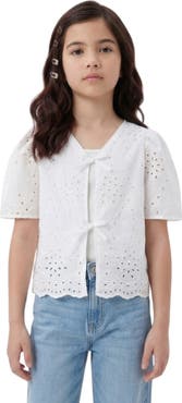 Hayden Girls Kids' Floral Bow Front Cotton Broderie Anglaise Top