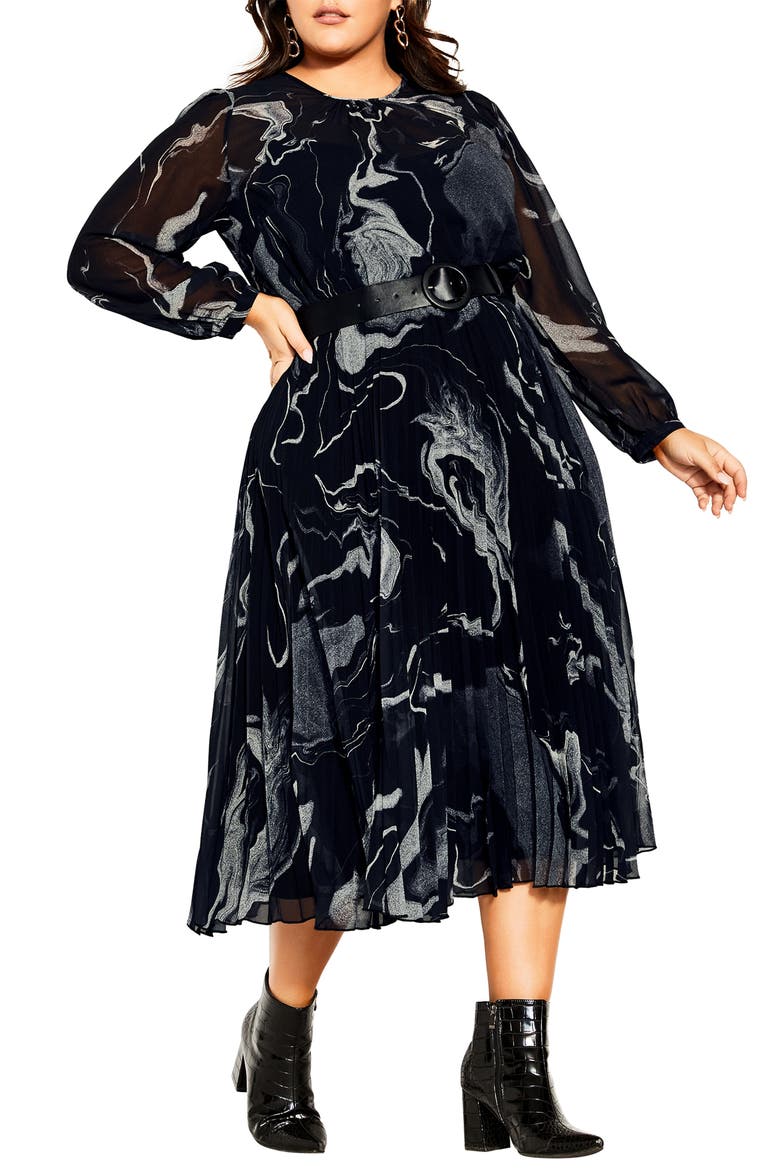 Mya Belted Long Sleeve Midi Dress, Main, color, DARK ELEMENTS