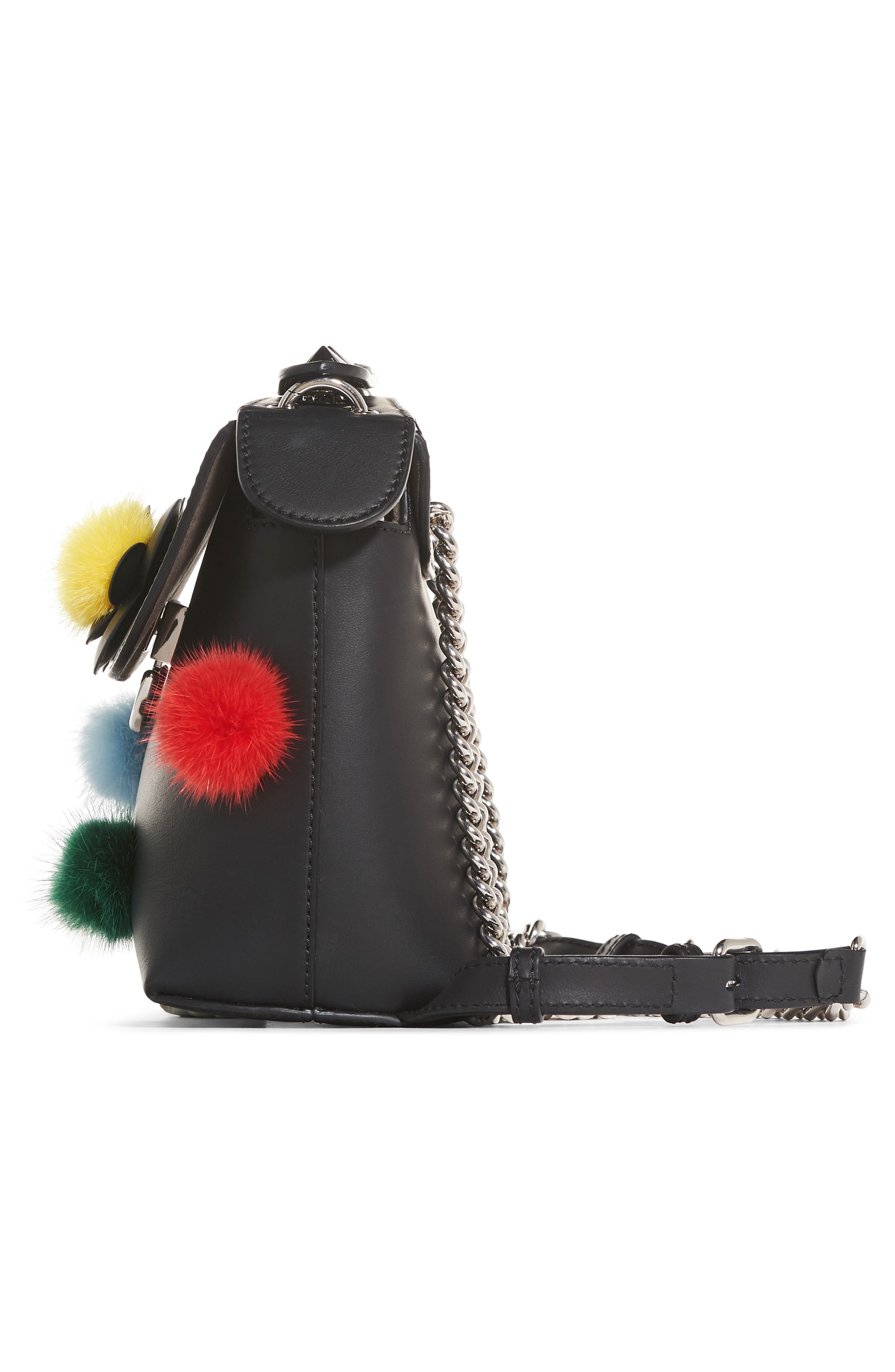 Fendi Mini Back to School Genuine Mink Fur Pompom Leather Shoulder Bag, Alternate, color, 