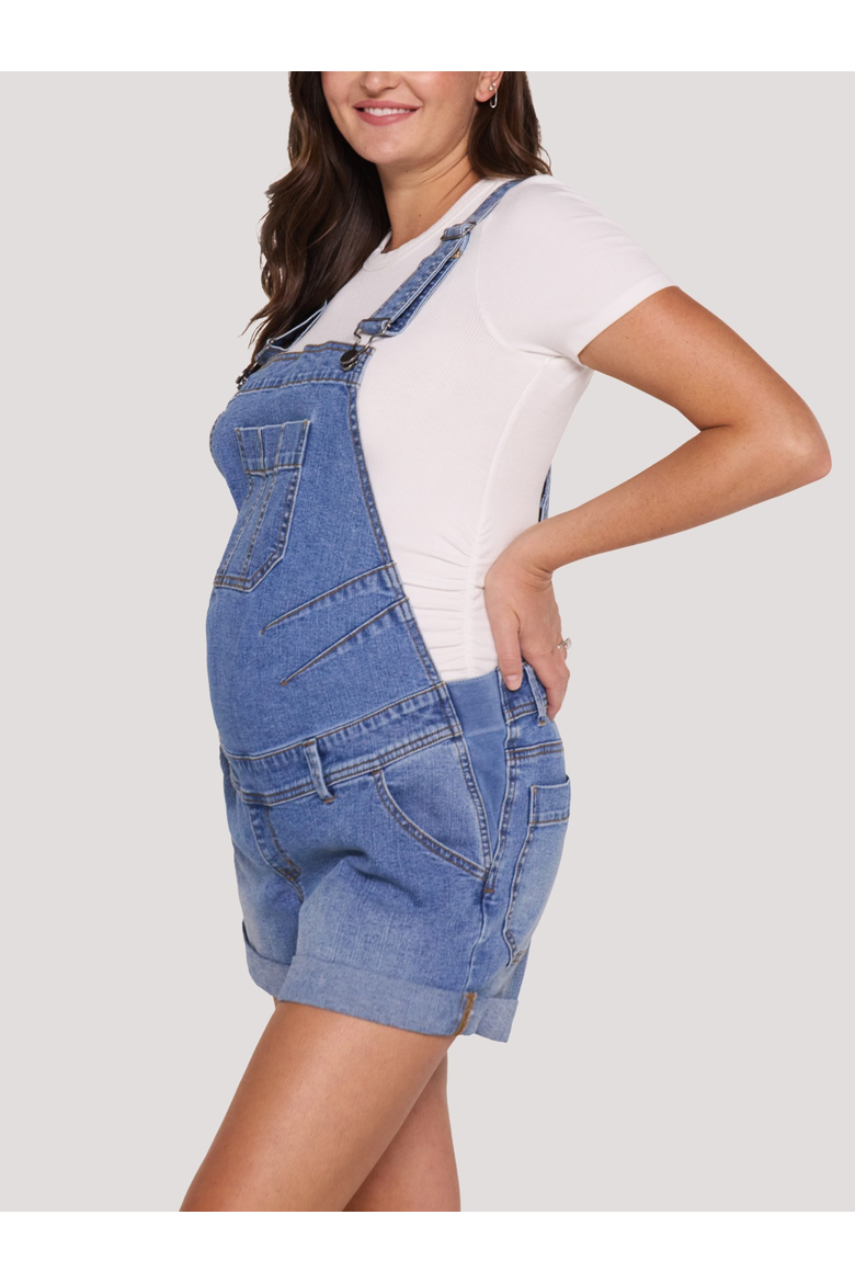 Stretch Waist Short Maternity Overalls, Alternate, color, Lake Wash