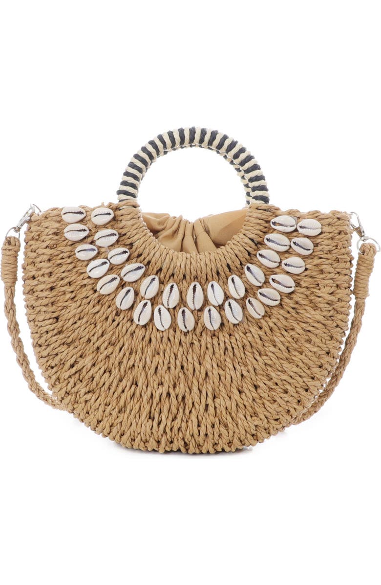 Adornia Basket Arc Handle Shell Embellished Straw Handbag, Main, color, Brown