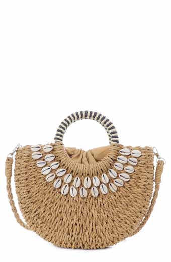 Adornia Basket Arc Handle Shell Embellished Straw Handbag