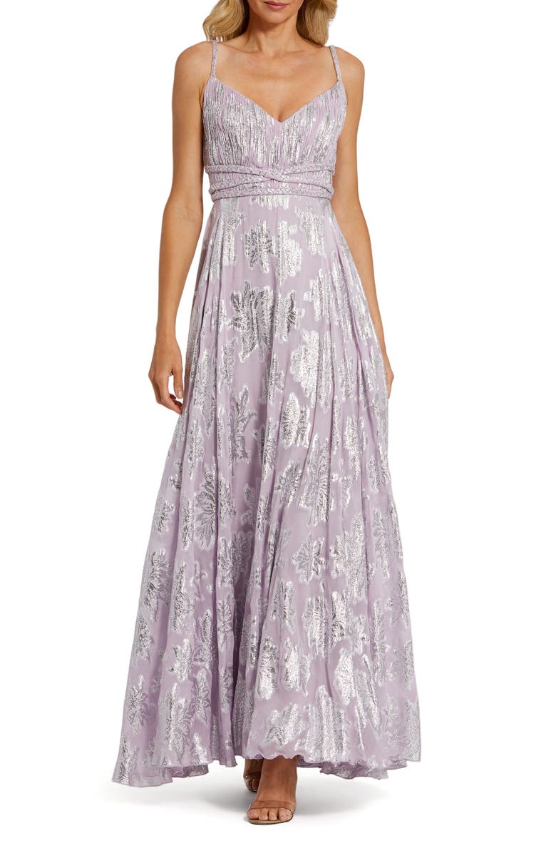 Mac Duggal Braided Strap Ruched Top Maxi Gown, Main, color, Lilac Multi