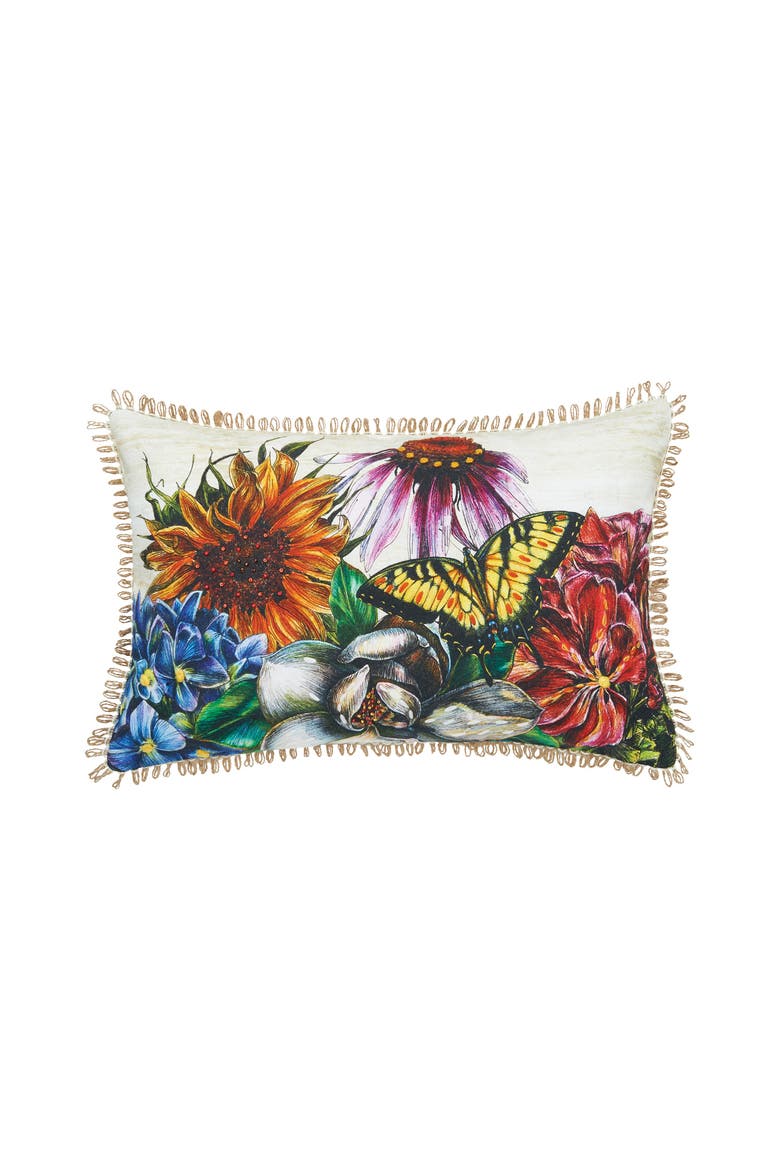 Botanical Flowers & Butterfly HD Printed Cotton Blend Lumbar Accent Pillow 14" x 22", Main, color, Yellow