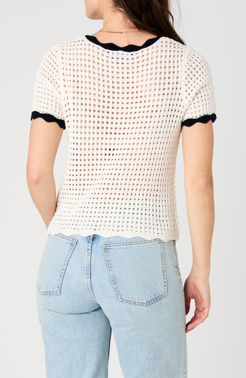 French Connection Scalloped Short Sleeve Cotton Sweater In Classic Cream/navy