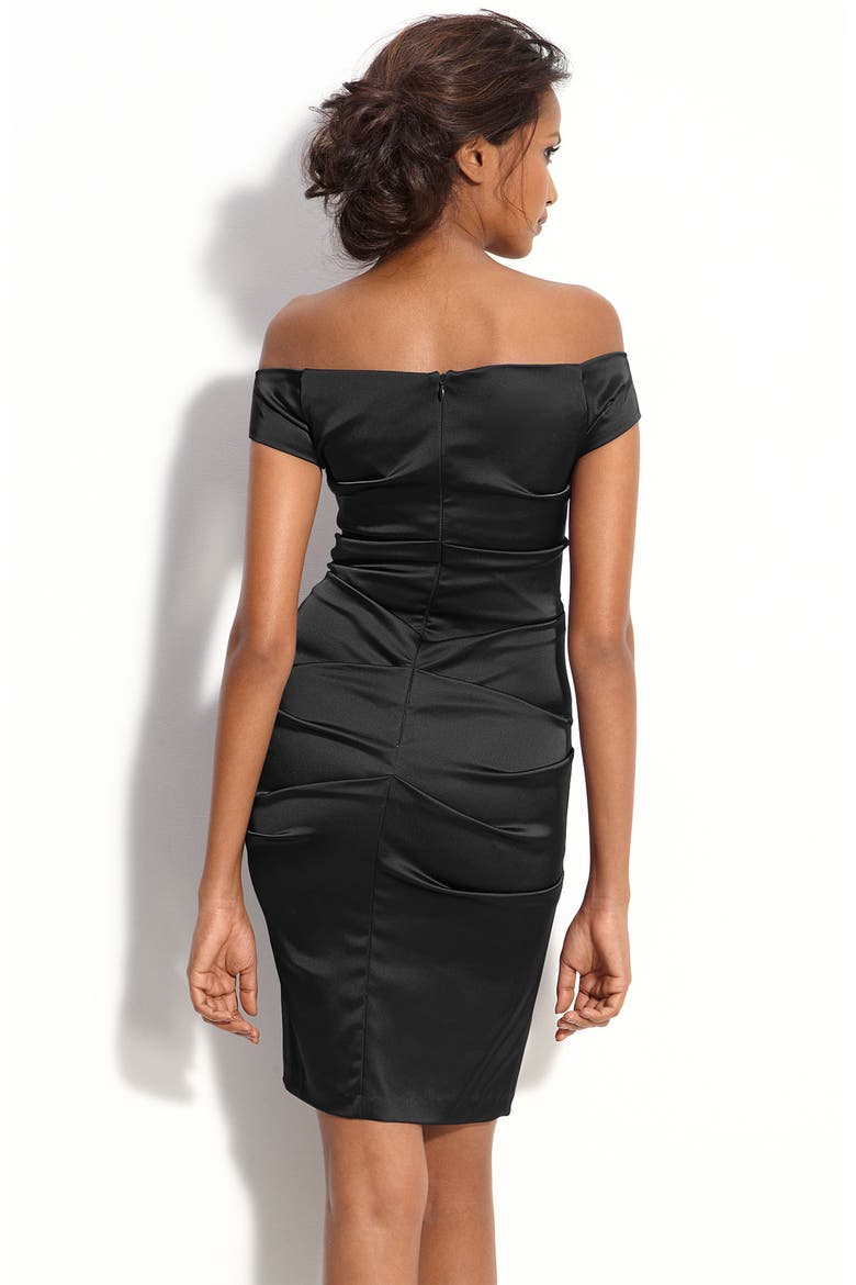 Off Shoulder Stretch Satin Sheath Dress, Alternate, color, BLACK