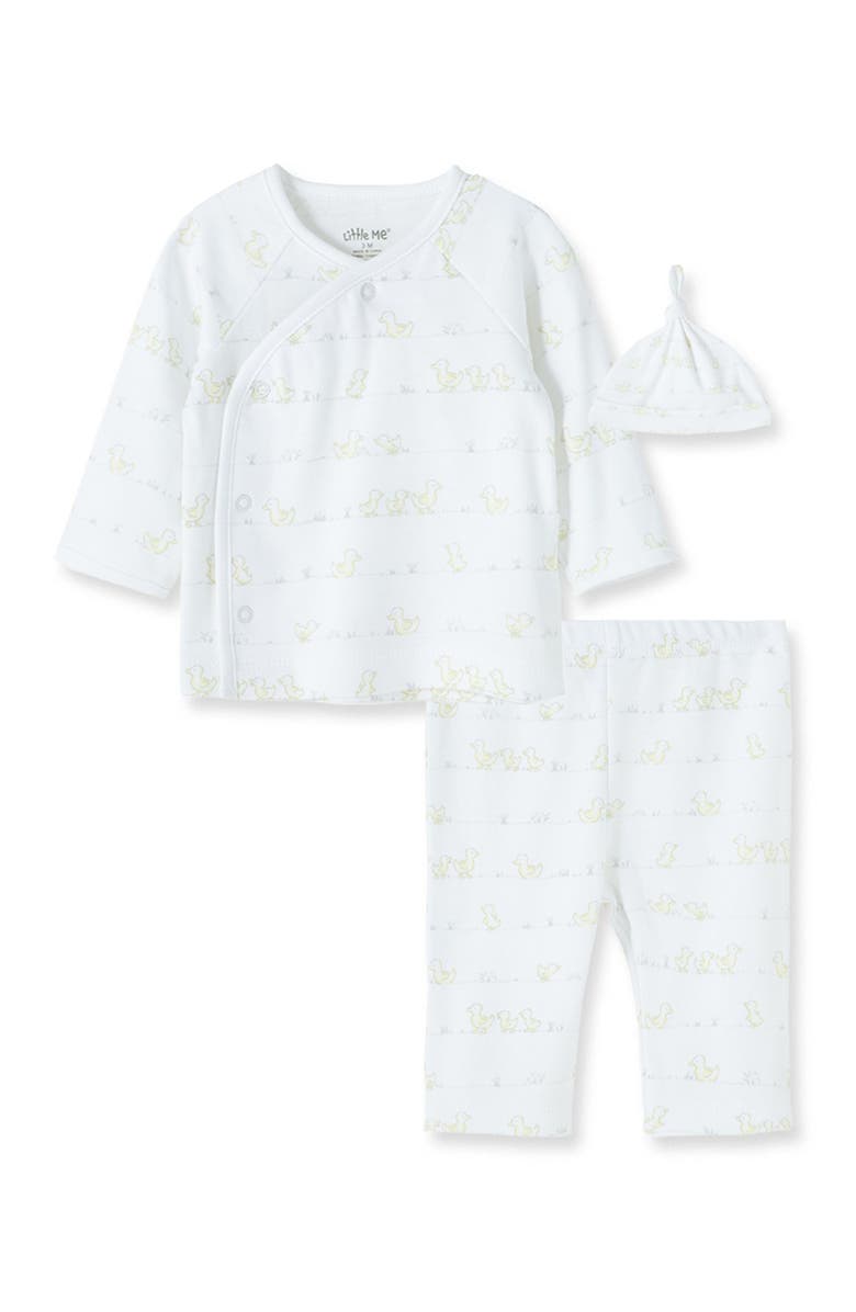 Little Me Ducks 3-Piece Wrap Top, Pants & Beanie Set, Main, color,
