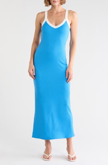 Loveappella Contrast Trim Ribbed Tank Dress in Blue at Nordstrom Rack, Size X-Large